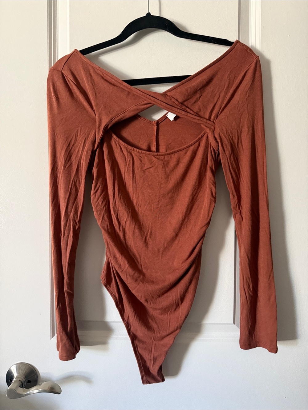 Astr Cross-Back Long Sleeve Bodysuit in Rust